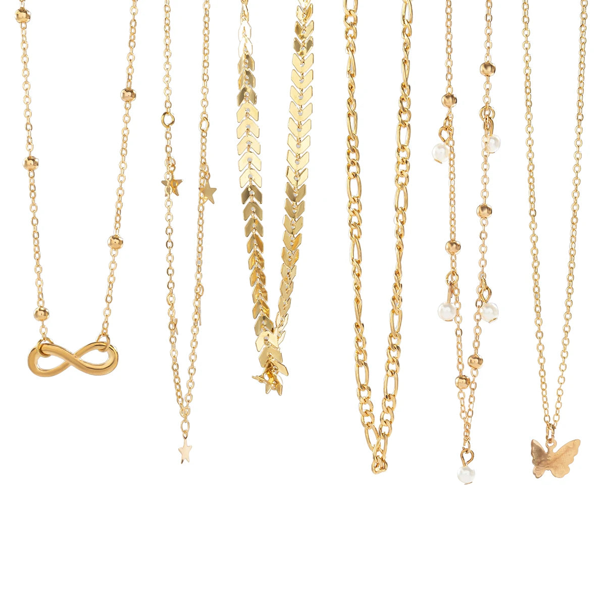 6Pcs/Set Boho Infinite Symbol Leaf Butterfly Pendant Necklace for Women Vintage Ethnic Imitation Pearl Thin Chain Party Jewelry