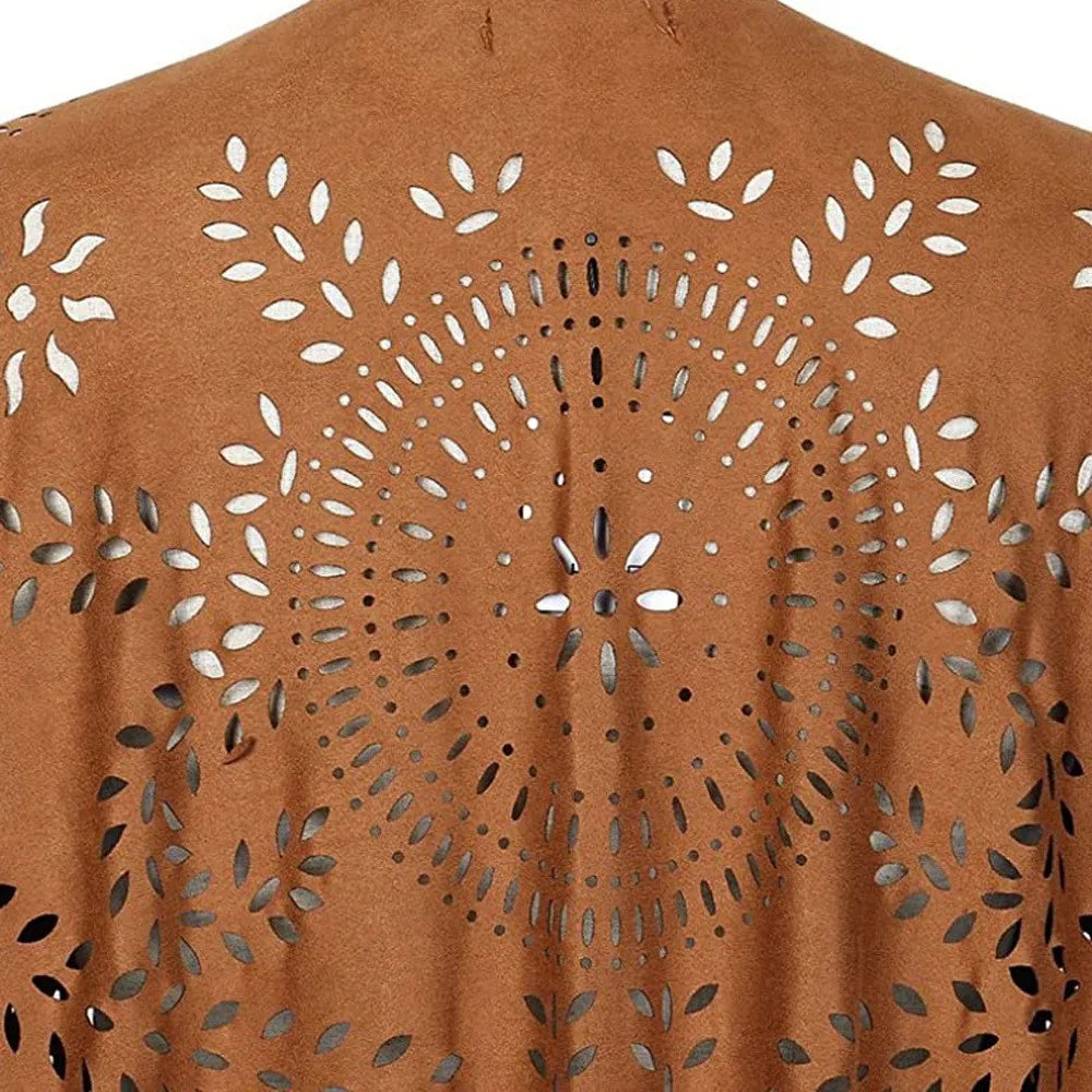 Suede Floral Hollow Out Fringe Tassel Shawl Women Vintage Capes Ponchos Bohemian Cardigan Coat Cloak Boho Capes Bikini Cover