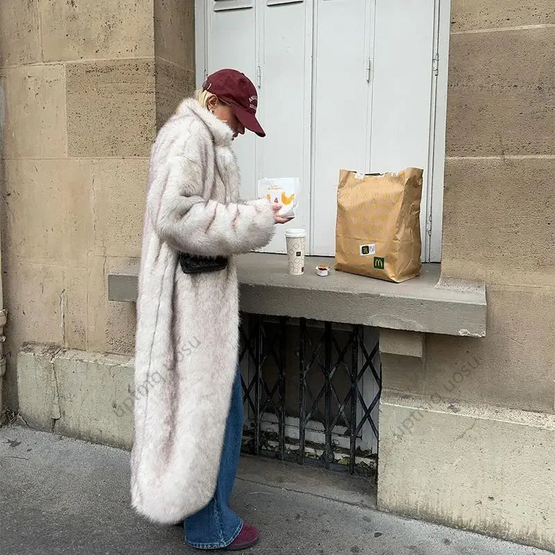 Premium Vintage Look Long Faux Fur Coat Women Gradient Maxi Overcoats 2024 Winter Cozy Iconic Fuzzy Outfits Parka Outwear