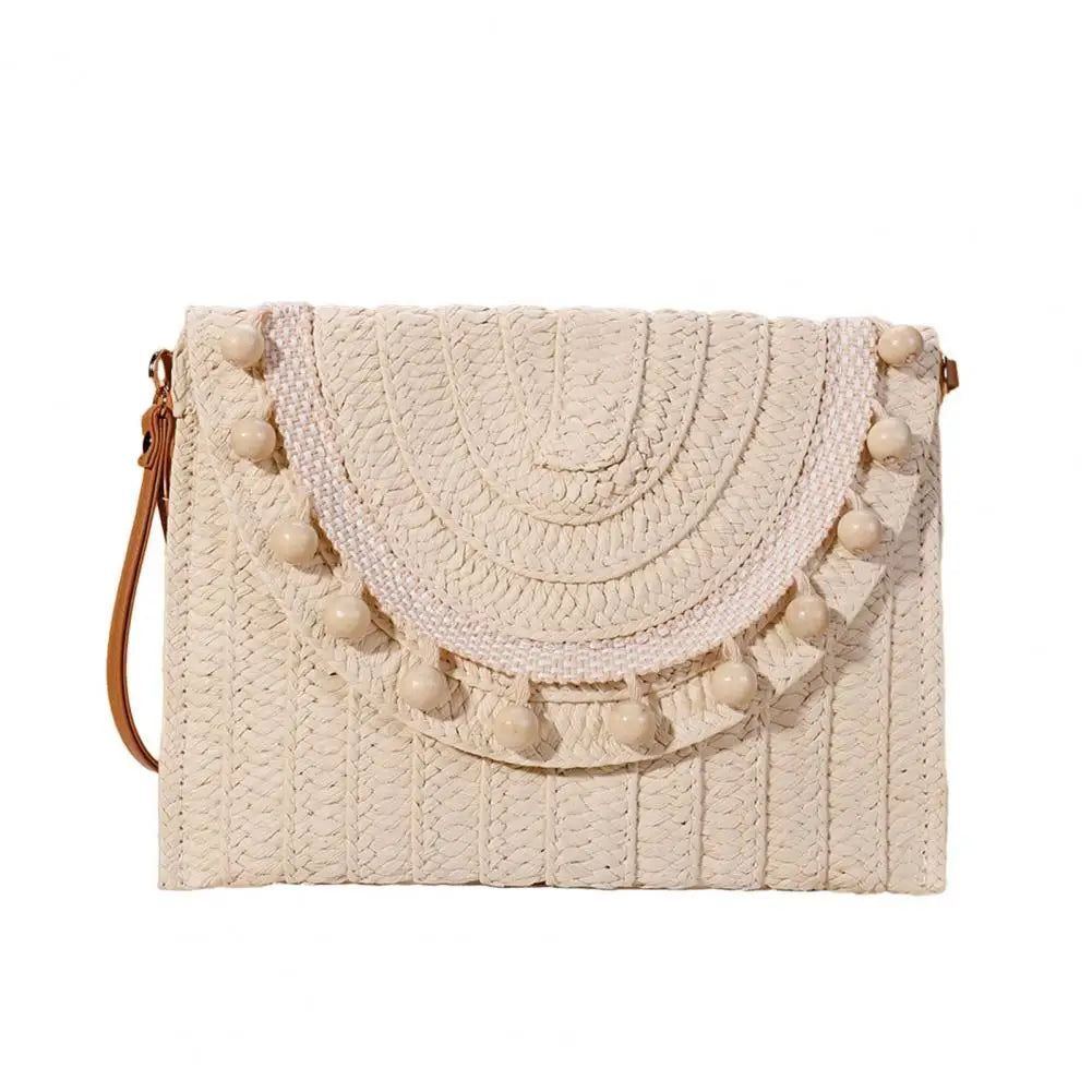 Handmade Straw Shoulder Bag with Beads Bohemian Style Large Capacity Crossbody Wallet Combo Magnetic Clasp Wallet Crossbody Bag