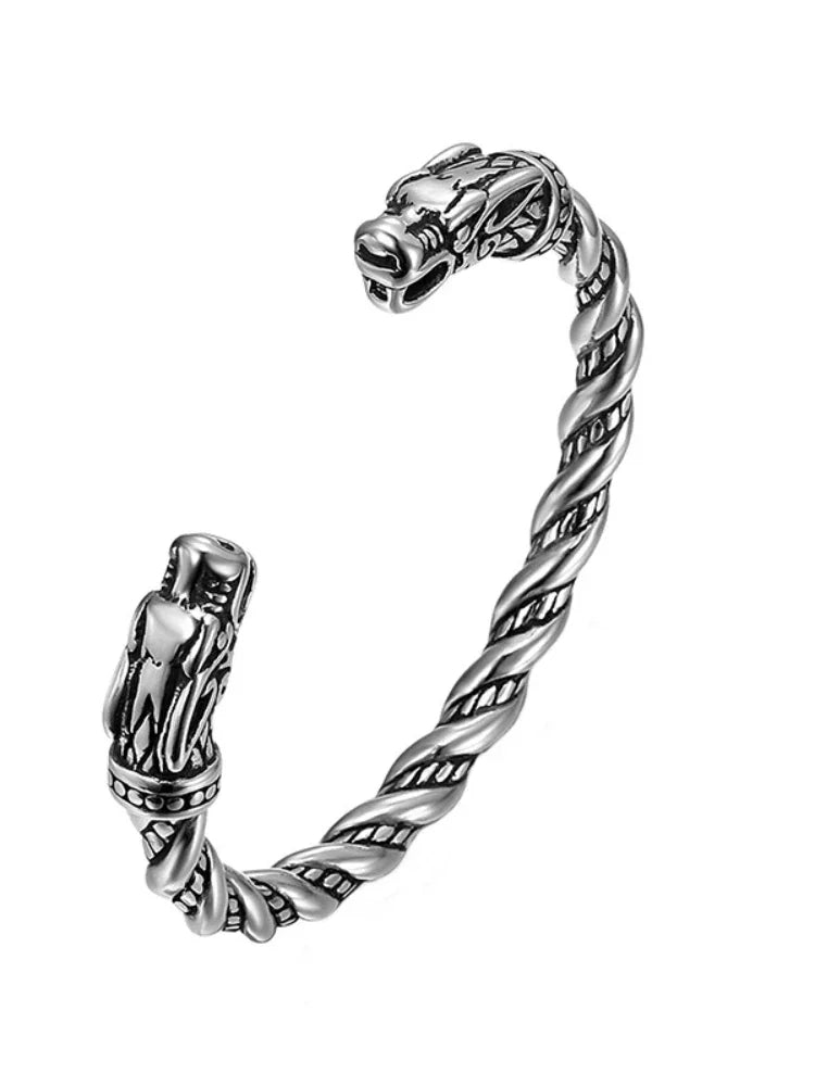 Norse Viking Wolf Head Bracelet Stainless Steel Opening Adjustable Wristband Cuff Snake Bangle for Men Fashion Jewelry Wholesale