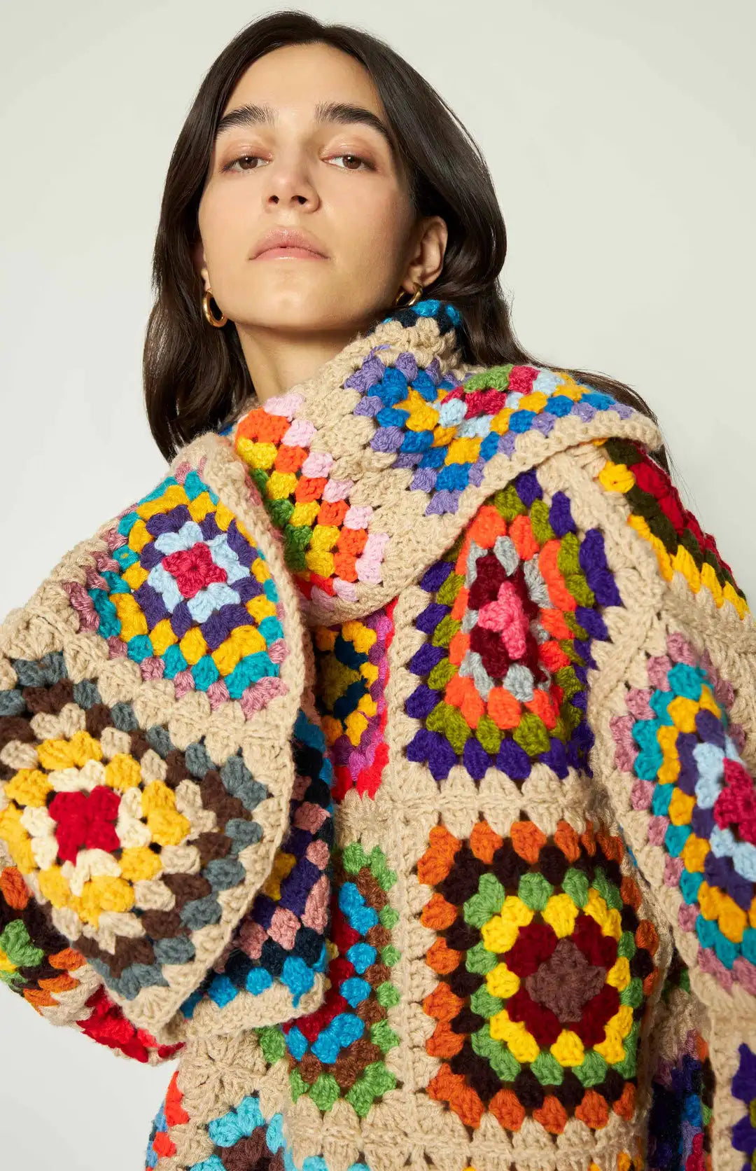 Colorful Crochet Sweaters Granny Square Turtleneck Cute Cardigan Boho Afghan Stitching Coat Color Patchwork Clothing For Lady