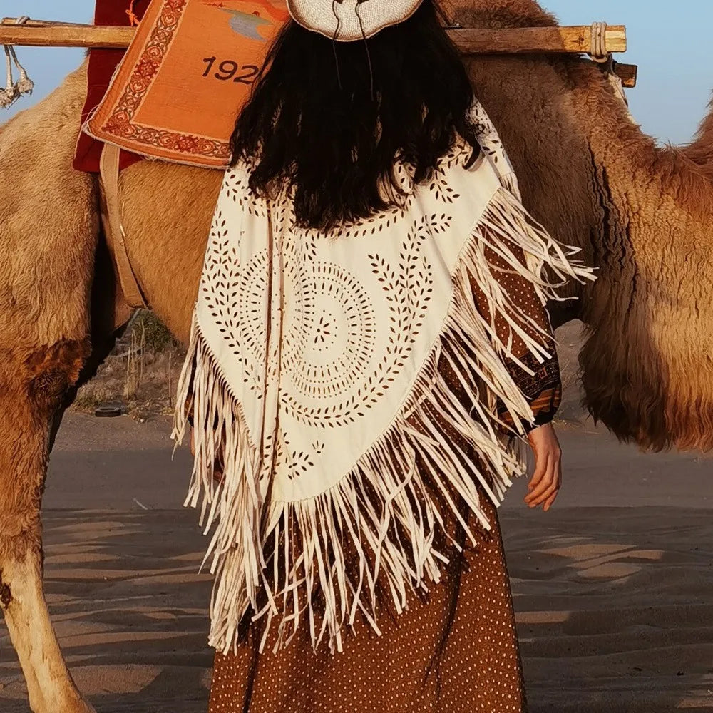 Suede Floral Hollow Out Fringe Tassel Shawl Women Vintage Capes Ponchos Bohemian Cardigan Coat Cloak Boho Capes Bikini Cover