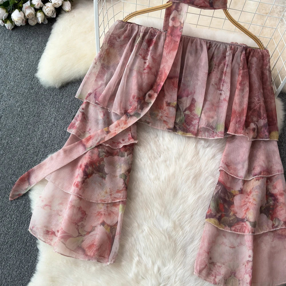 Holiday Ruffles Beach Skirts Suit Women Fashion Off Shoulder Floral Chiffon Tops  High Waist Mini Skirt Womens Two Peice Sets