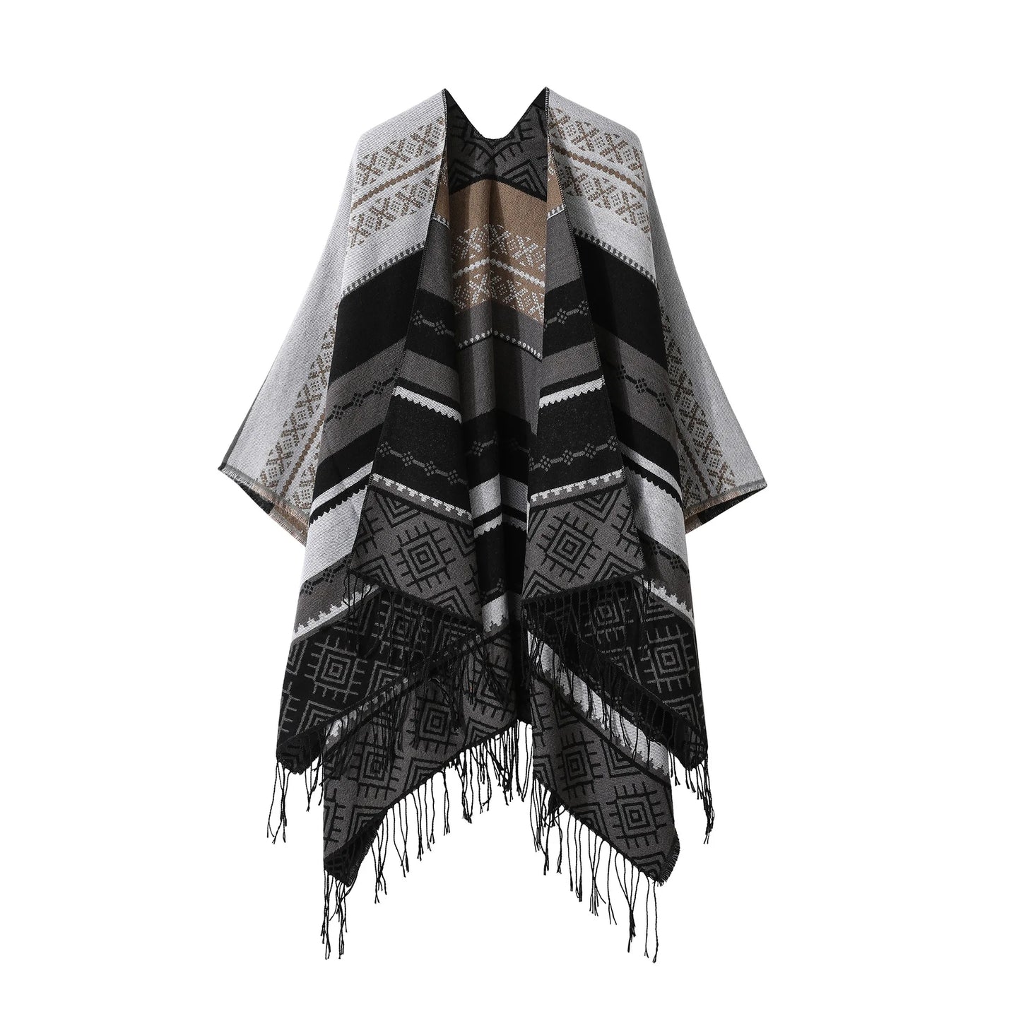 Poncho Bohemian Geometric Tassel Split Shawl Cape Travel Scarf Double-sided Cloak Imitation Cashmere Women Coat Red