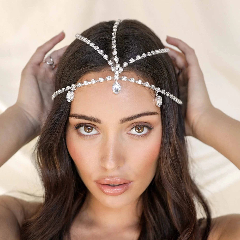 Bridal Multilayer Head Chain Headpiece Indian Hair Accessories Boho Fashion Water Drop Rhinestone Forehead Chain Cap for Women