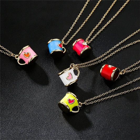 Boho Hand Made Tea Cup Necklace Pendant Woman Collier Long Gold Color Sweater Chain Clothing Enamel Collane Jewelry New