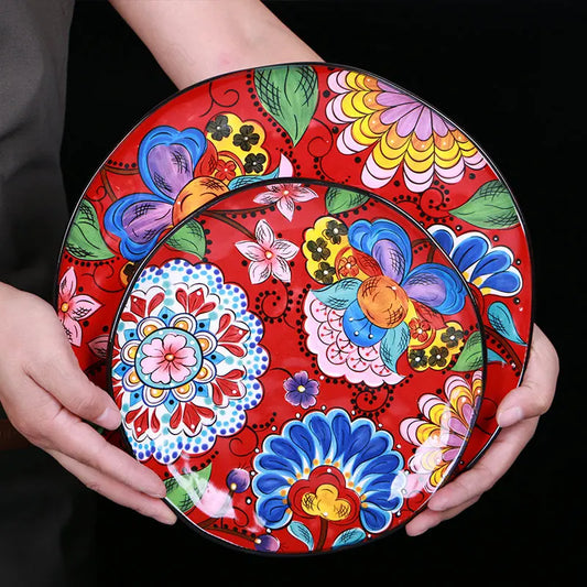 Creative Boho Ceramic Plate European Classical Painted Steak Pasta Dinner Plates Restaurant Hotel Serving Tray Home Tableware