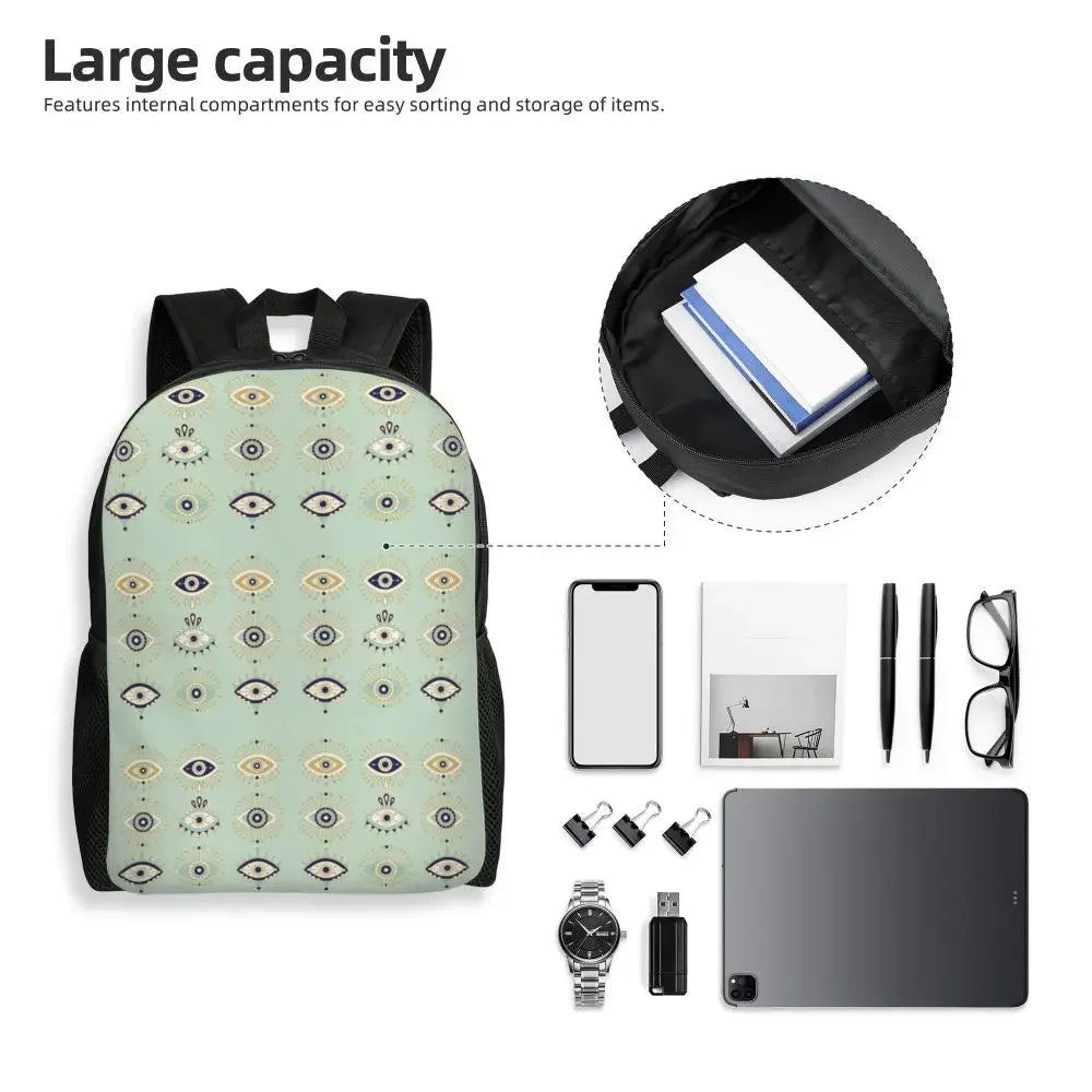 Custom Navy Blue White Mediterranean Evil Eye Mandala Pattern Backpacks Men Casual Bookbag for School College Bohemian Boho Bags