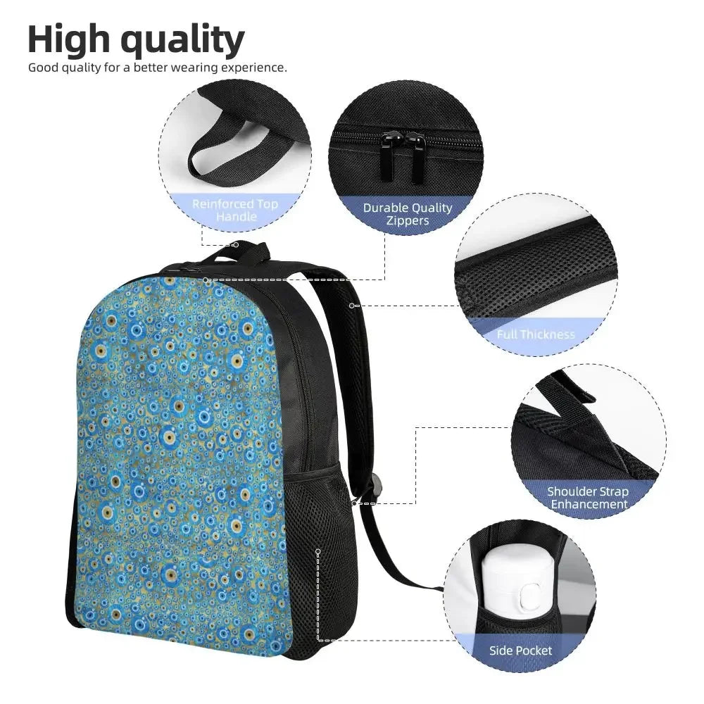 Custom Navy Blue White Mediterranean Evil Eye Mandala Pattern Backpacks Men Casual Bookbag for School College Bohemian Boho Bags