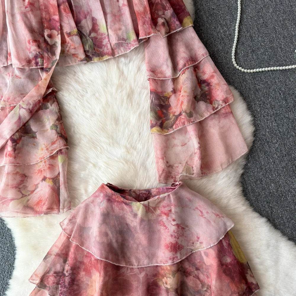 Holiday Ruffles Beach Skirts Suit Women Fashion Off Shoulder Floral Chiffon Tops  High Waist Mini Skirt Womens Two Peice Sets
