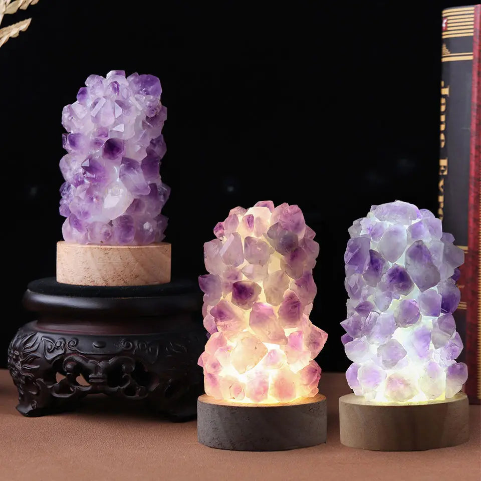 Crystal Lamp Natural Amethyst Tooth Flower Dim Light USB Interface with Switch Wishing Decoration 1pc