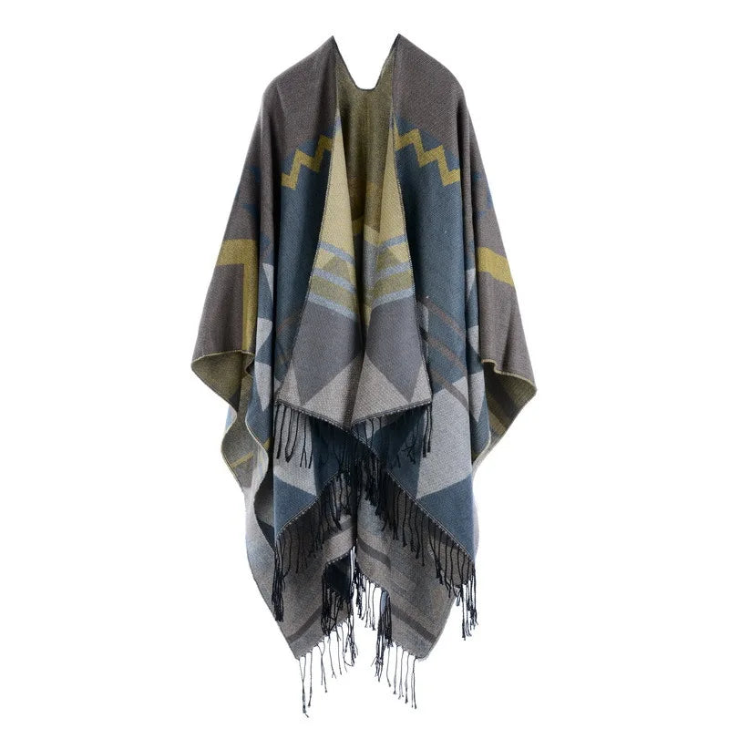 Poncho Bohemian Geometric Tassel Split Shawl Cape Travel Scarf Double-sided Cloak Imitation Cashmere Women Coat Red