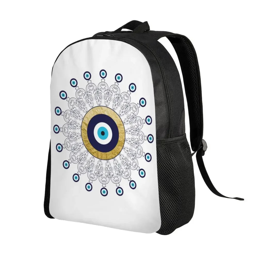 Custom Navy Blue White Mediterranean Evil Eye Mandala Pattern Backpacks Men Casual Bookbag for School College Bohemian Boho Bags