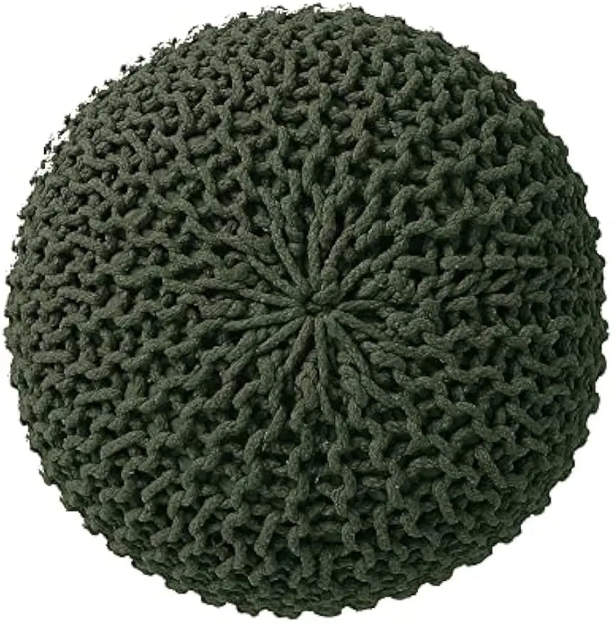 Round Hand Knitted Pouf - Foot Stool Bean Bag Ottoman - Cord Boho Pouffe - Poof Accent Beanbag Footrest for Living Room Olive