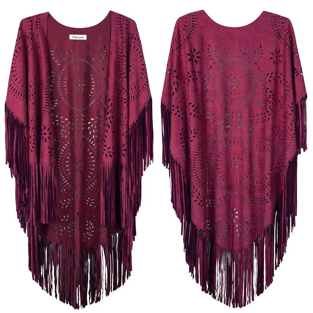 Suede Floral Hollow Out Fringe Tassel Shawl Women Vintage Capes Ponchos Bohemian Cardigan Coat Cloak Boho Capes Bikini Cover