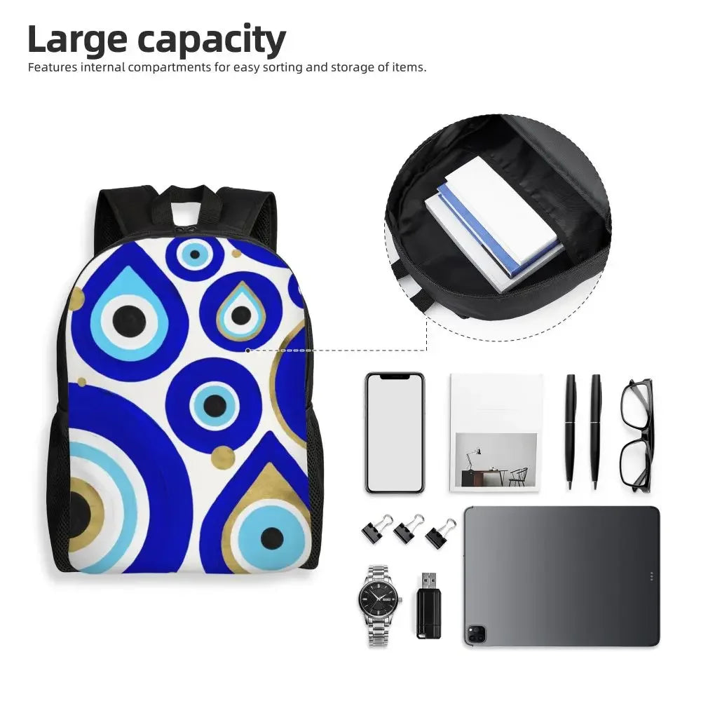 Custom Navy Blue White Mediterranean Evil Eye Mandala Pattern Backpacks Men Casual Bookbag for School College Bohemian Boho Bags
