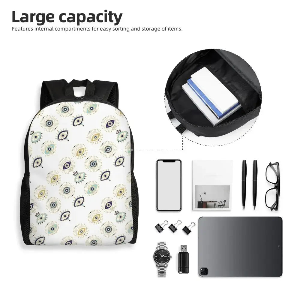 Custom Navy Blue White Mediterranean Evil Eye Mandala Pattern Backpacks Men Casual Bookbag for School College Bohemian Boho Bags