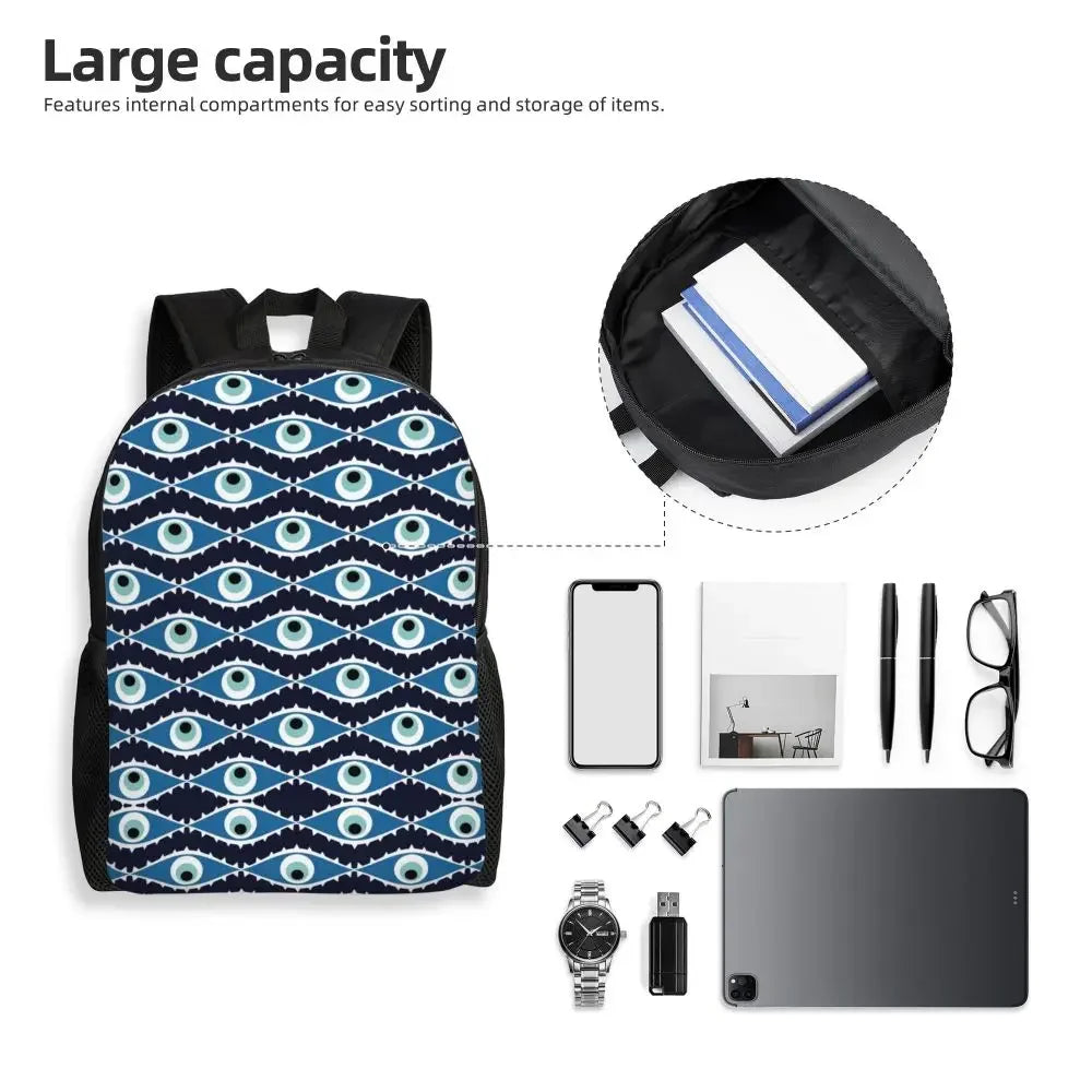 Custom Navy Blue White Mediterranean Evil Eye Mandala Pattern Backpacks Men Casual Bookbag for School College Bohemian Boho Bags