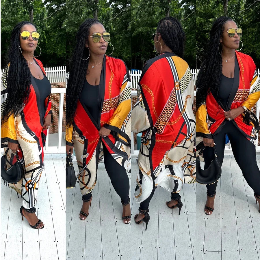 African Summer Fashion Lady Boho Silk Printed Loose Long Cardigans Causal Europe Women Beach Swimwear Duster Coats Muslim Robe