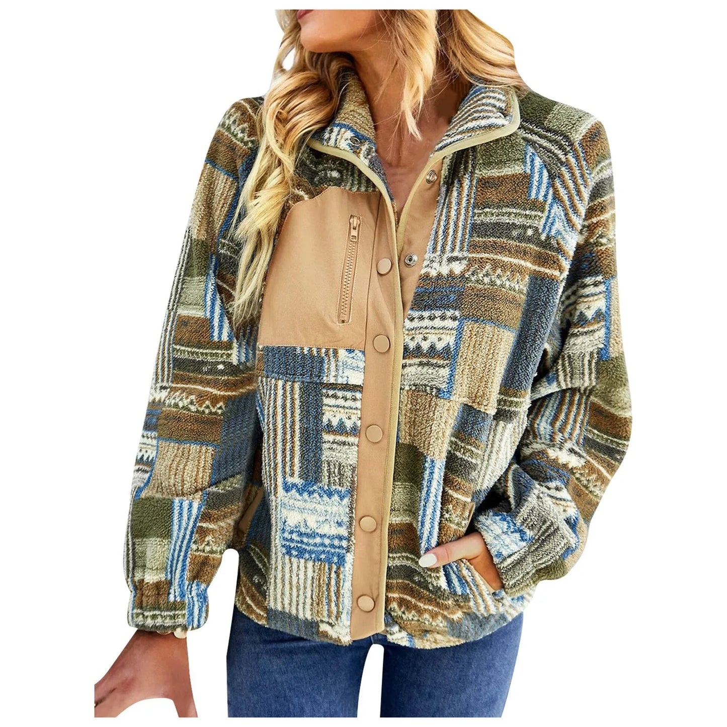 Boho Women Woolen Coat All Match Lapel Vintage Loose Stripe Cardigan Casual Windproof Autumn Winter Jacket For Daily Life