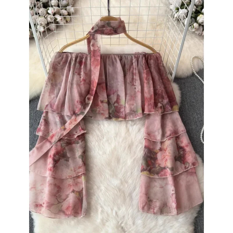 Holiday Ruffles Beach Skirts Suit Women Fashion Off Shoulder Floral Chiffon Tops  High Waist Mini Skirt Womens Two Peice Sets