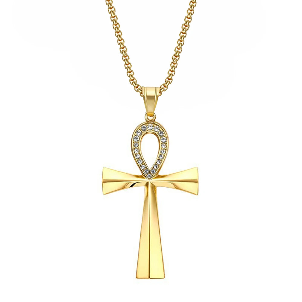 Egypt Iced Out Bling Ankh Cross Pendant Necklace Women Men Key of Life Gold Color Stainless Steel Rhinestones Egyptian Jewelry