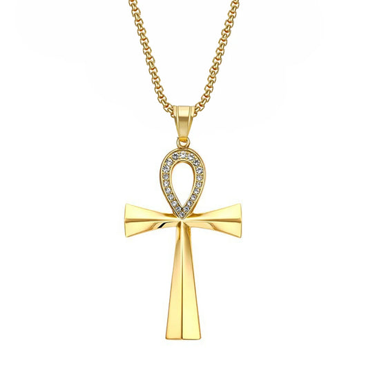 Egypt Iced Out Bling Ankh Cross Pendant Necklace Women Men Key of Life Gold Color Stainless Steel Rhinestones Egyptian Jewelry