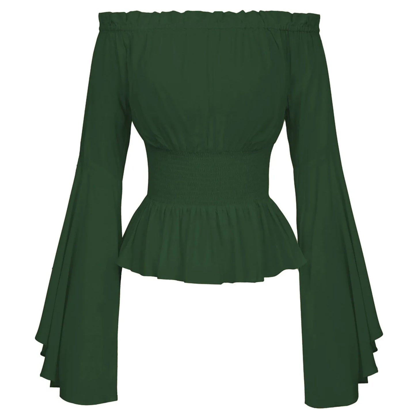 Women's Bohemian Shirt Top Gothic Ruffle Edge Shirt One Line Collar Blouse Long Sleeved Ladies Solid Blouse Boho Top
