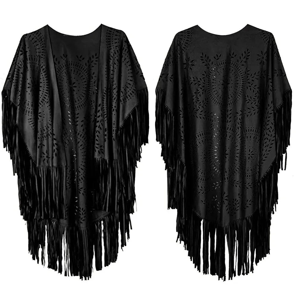 Suede Floral Hollow Out Fringe Tassel Shawl Women Vintage Capes Ponchos Bohemian Cardigan Coat Cloak Boho Capes Bikini Cover