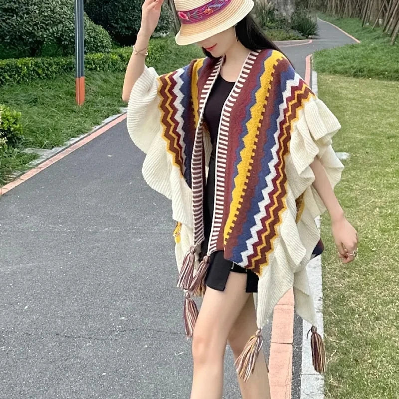 Boho Women Cape Korean Tassel Knitted  Shawl Fashion Stripe Ruffled Cardigan Female Spring Autumn Casual Warm Coat