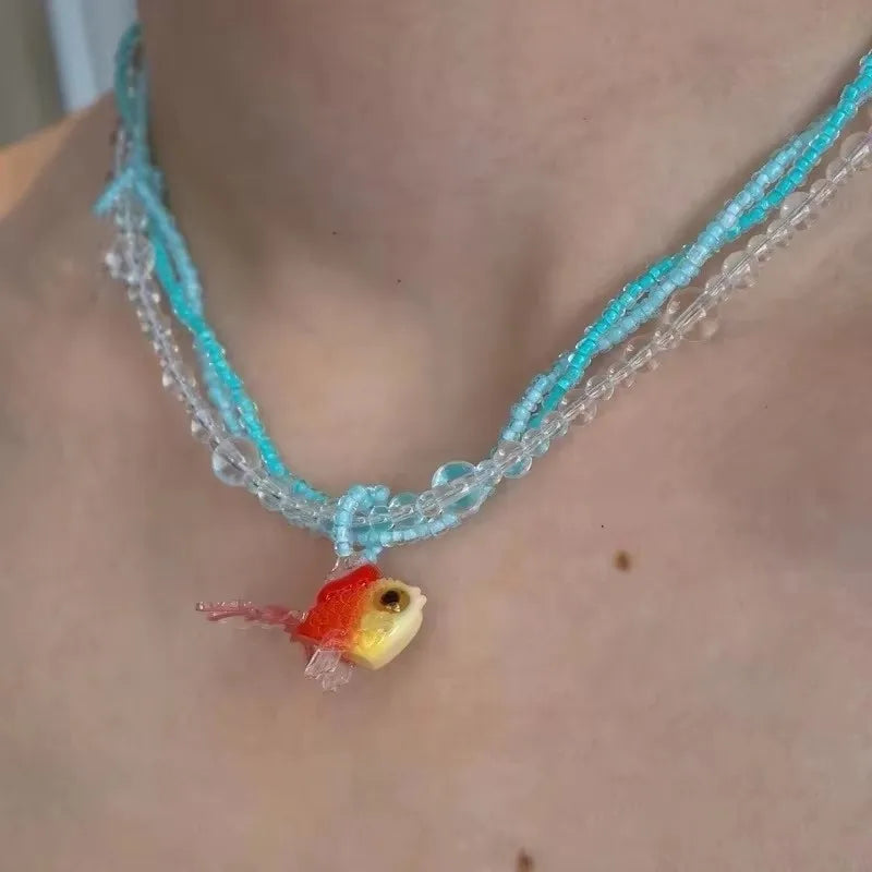 Kpop Cute Goth Resin Acrylic Goldfish Pendant Handmade Beads Necklace For Women Boho Aesthetic Charm Y2K EMO Accessories Jewelry