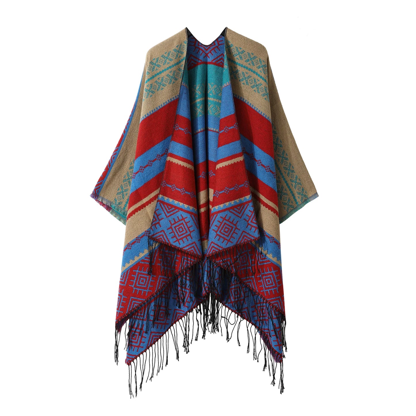 Poncho Bohemian Geometric Tassel Split Shawl Cape Travel Scarf Double-sided Cloak Imitation Cashmere Women Coat Red