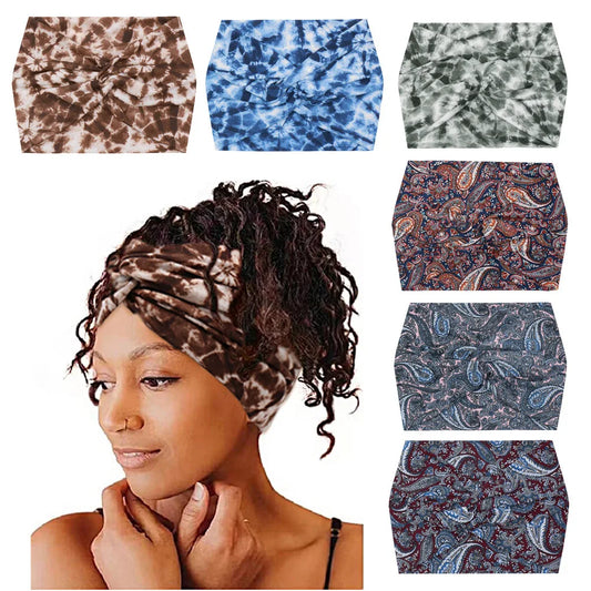 Flower Yoga Headbands For Women's Hair Extra Wide Thick Stretchy Boho African Turban Knotted Tie Dye Head Bands