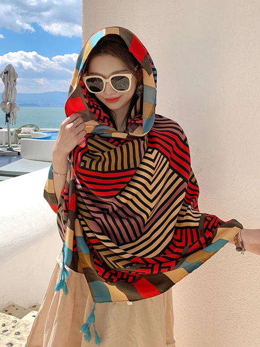 Summer Elegant Women Silk Scarf Beach Wrap Shawl Vintage Striped Print Lady Sunscreen Bandana Long Hijab Mujer Boho Scarve Pareo