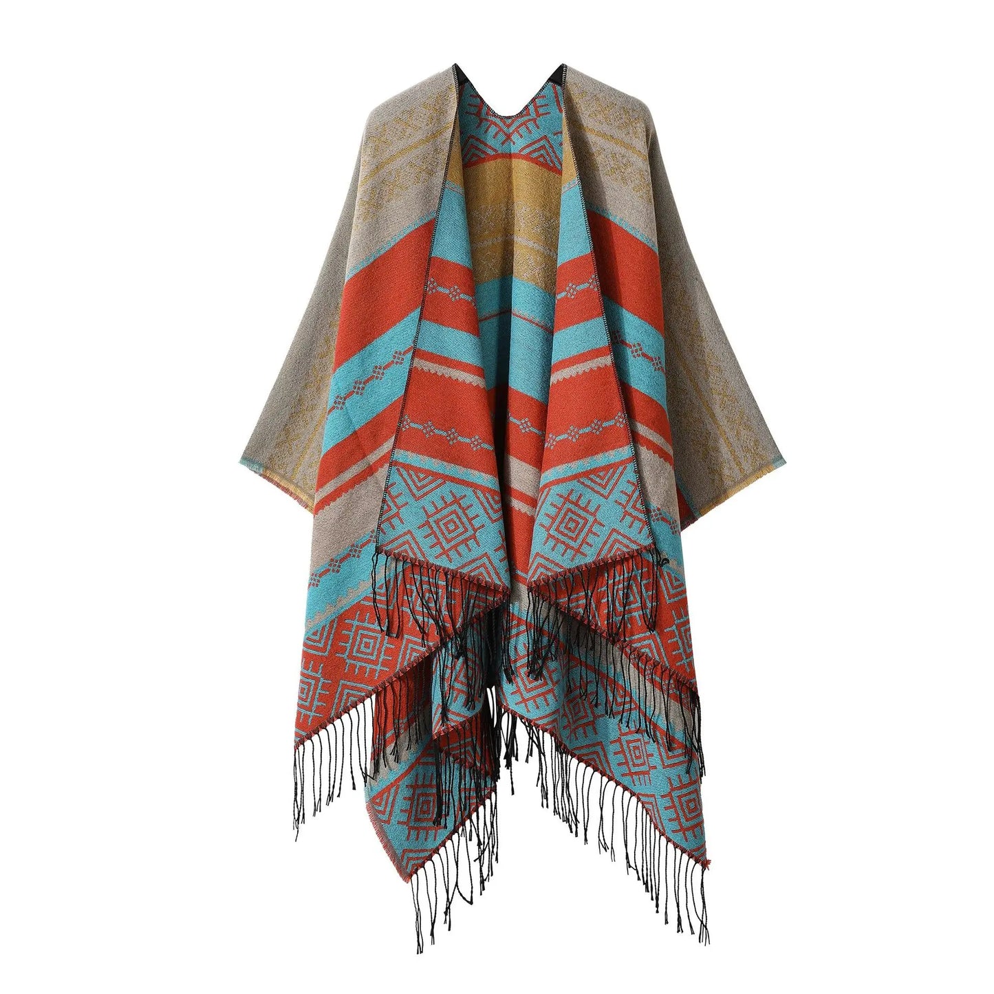 Poncho Bohemian Geometric Tassel Split Shawl Cape Travel Scarf Double-sided Cloak Imitation Cashmere Women Coat Red