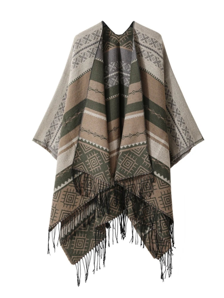Poncho Bohemian Geometric Tassel Split Shawl Cape Travel Scarf Double-sided Cloak Imitation Cashmere Women Coat Red
