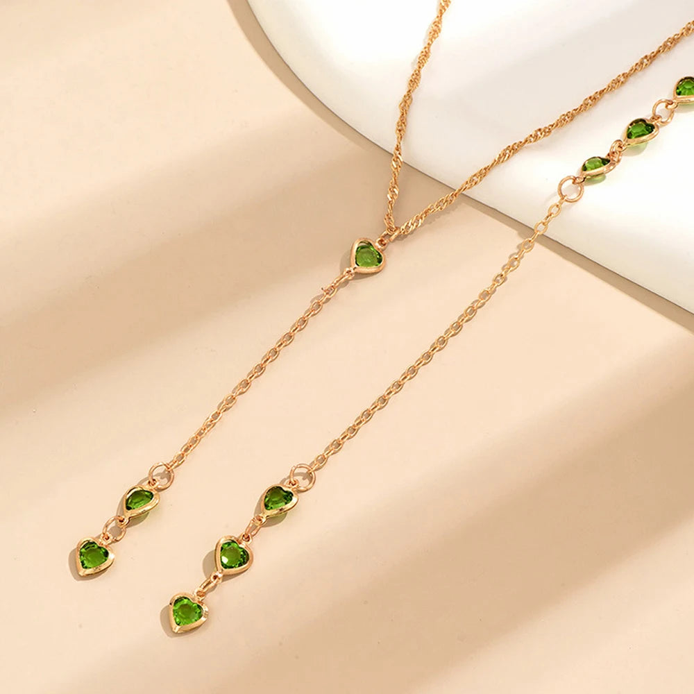 Luxury Green Heart Back Chain Wedding Backless Clothing Jewelry Boho Accessories Crystal Bridal Back Necklace Dress for Women