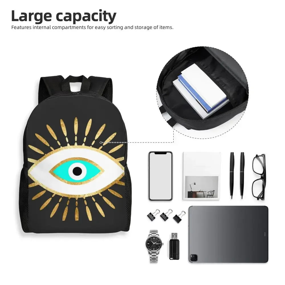 Custom Navy Blue White Mediterranean Evil Eye Mandala Pattern Backpacks Men Casual Bookbag for School College Bohemian Boho Bags