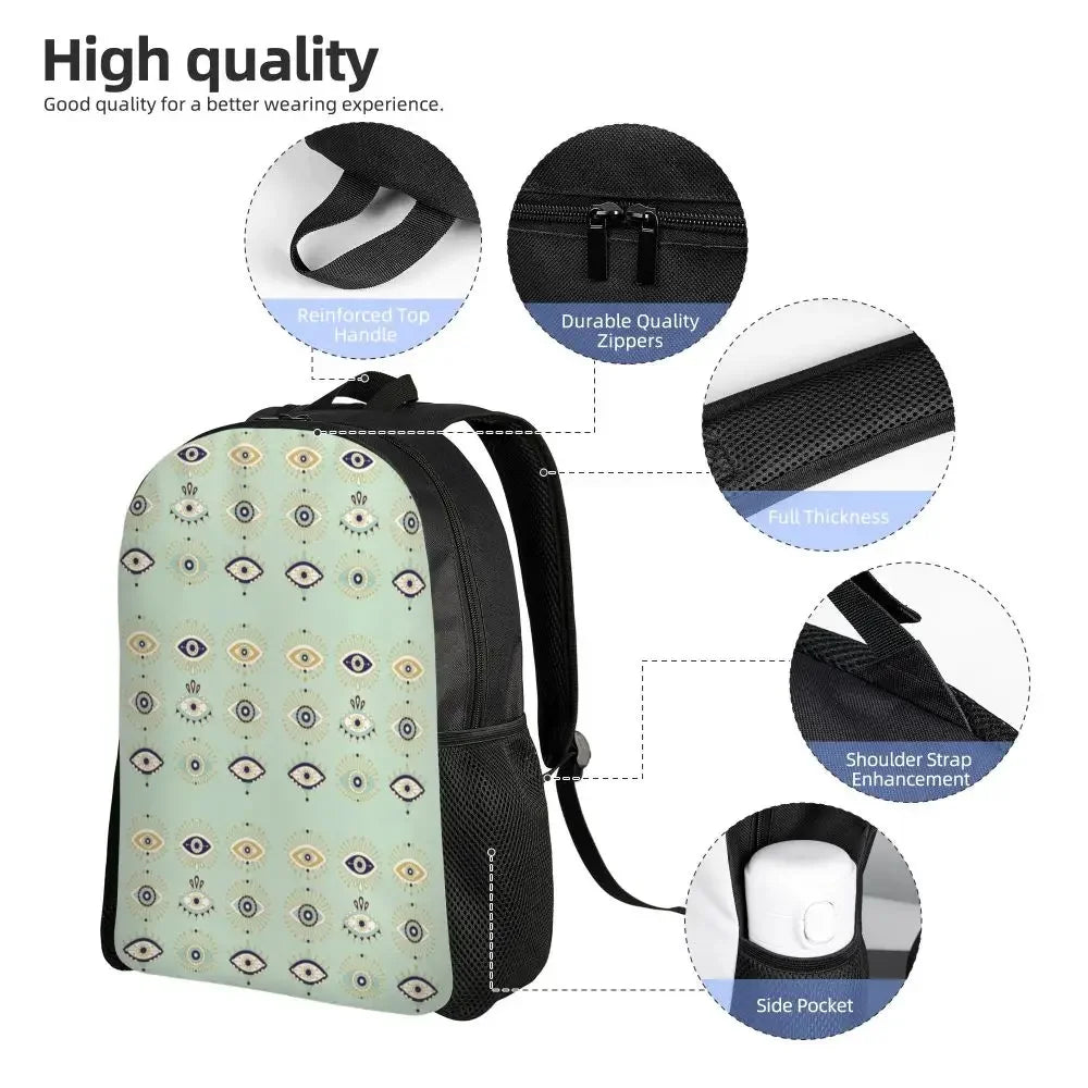 Custom Navy Blue White Mediterranean Evil Eye Mandala Pattern Backpacks Men Casual Bookbag for School College Bohemian Boho Bags