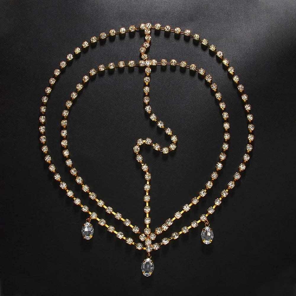 Bridal Multilayer Head Chain Headpiece Indian Hair Accessories Boho Fashion Water Drop Rhinestone Forehead Chain Cap for Women