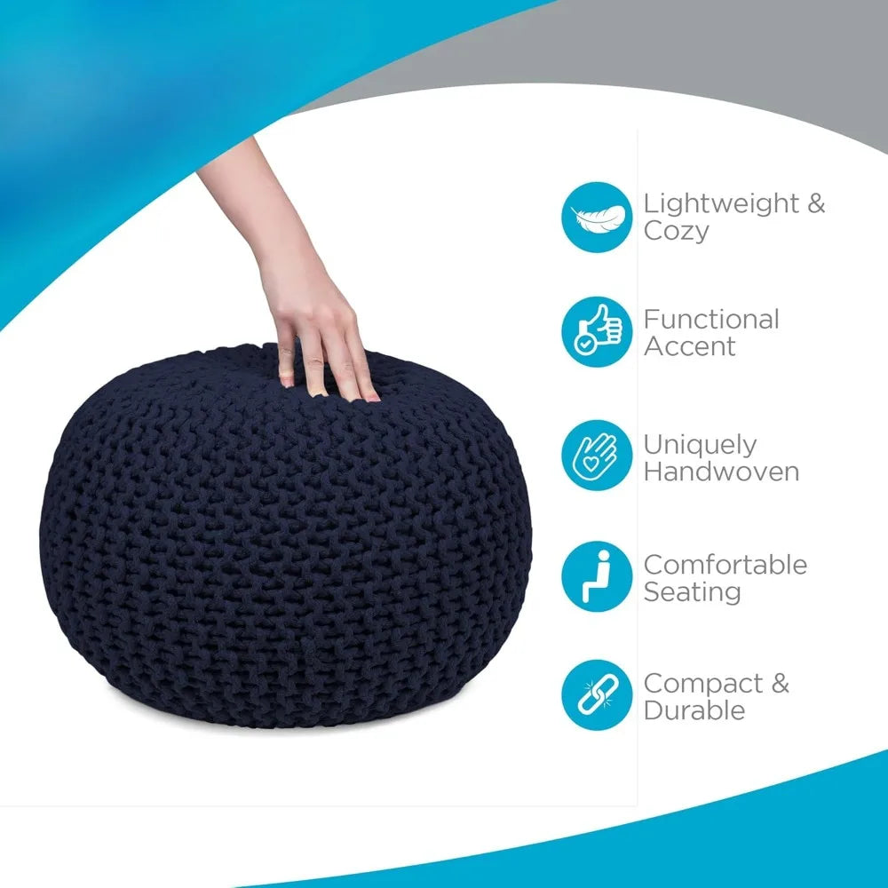 Round Pouf Ottoman Cotton Braided Foot Stool with Bean Bag Filling Boho Foot Rest for Living Room & Bedroom