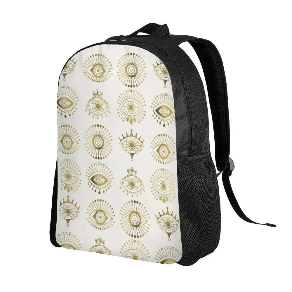 Custom Navy Blue White Mediterranean Evil Eye Mandala Pattern Backpacks Men Casual Bookbag for School College Bohemian Boho Bags