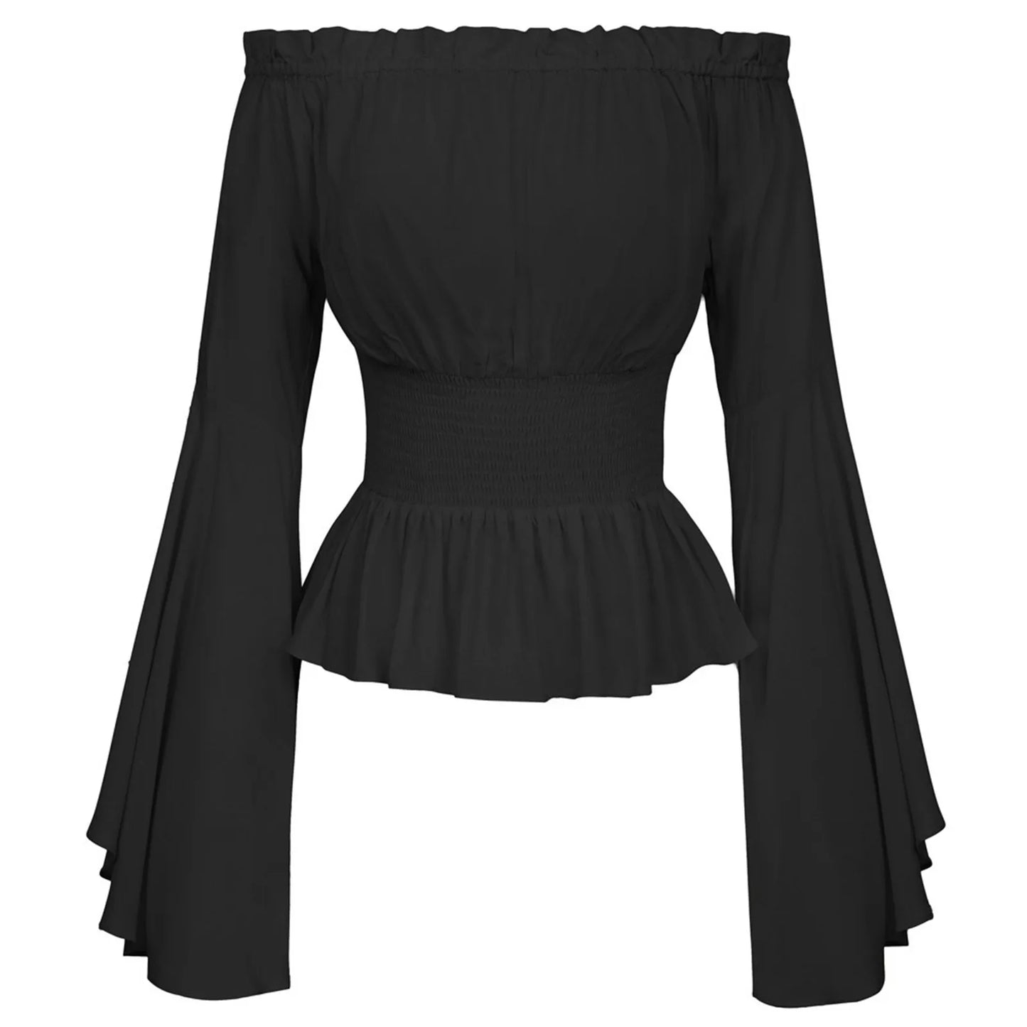 Women's Bohemian Shirt Top Gothic Ruffle Edge Shirt One Line Collar Blouse Long Sleeved Ladies Solid Blouse Boho Top