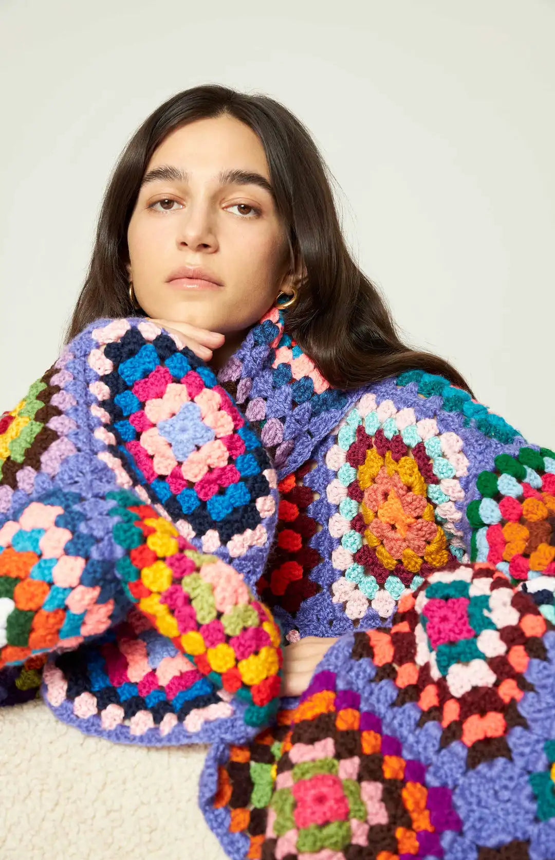 Colorful Crochet Sweaters Granny Square Turtleneck Cute Cardigan Boho Afghan Stitching Coat Color Patchwork Clothing For Lady