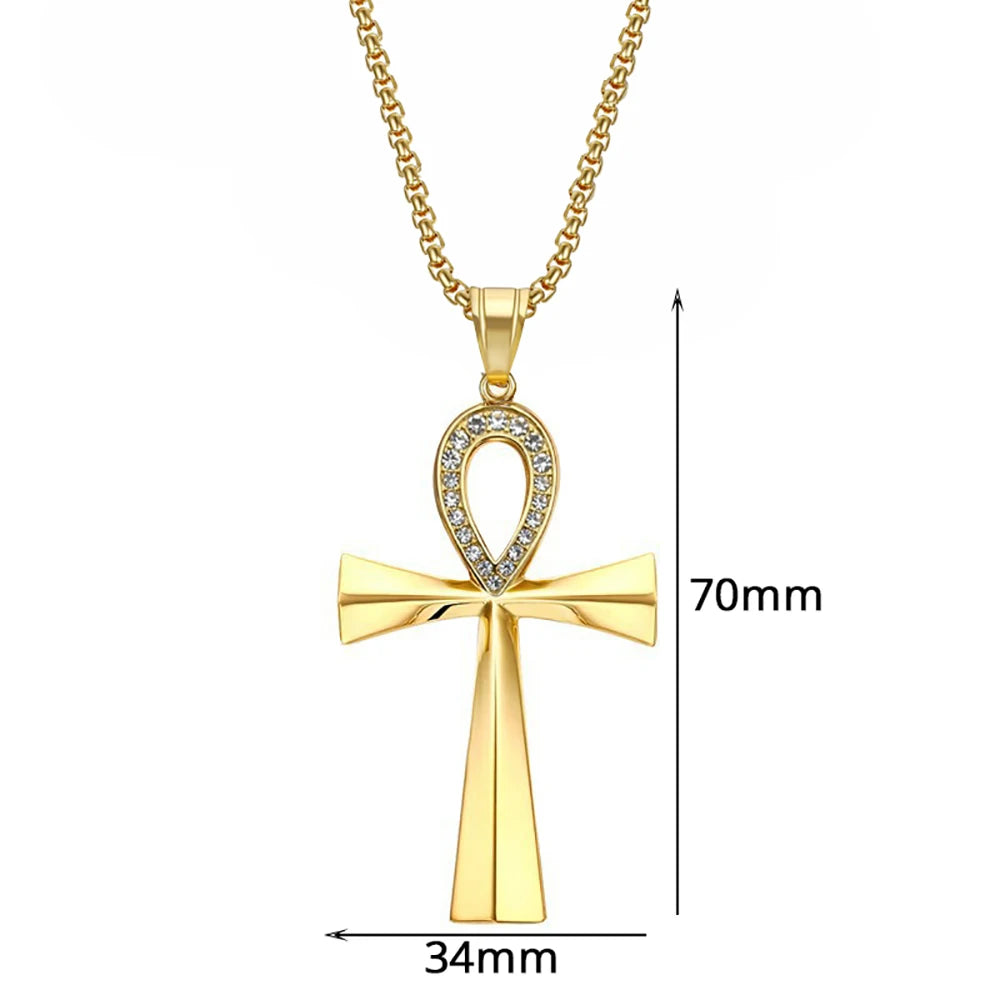 Egypt Iced Out Bling Ankh Cross Pendant Necklace Women Men Key of Life Gold Color Stainless Steel Rhinestones Egyptian Jewelry