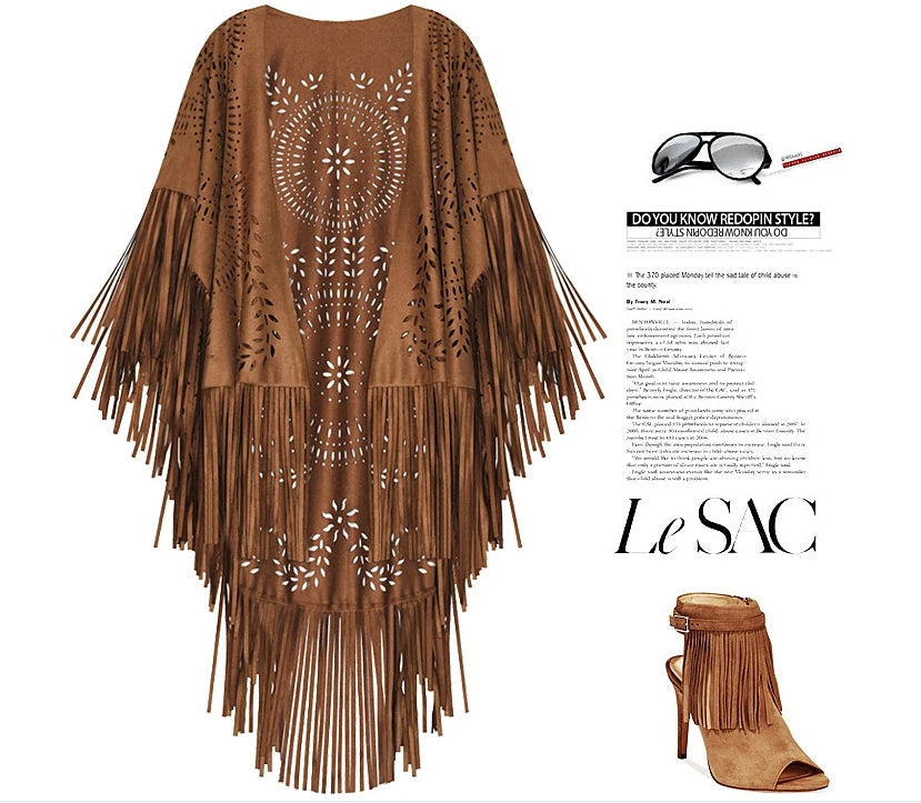 Suede Floral Hollow Out Fringe Tassel Shawl Women Vintage Capes Ponchos Bohemian Cardigan Coat Cloak Boho Capes Bikini Cover