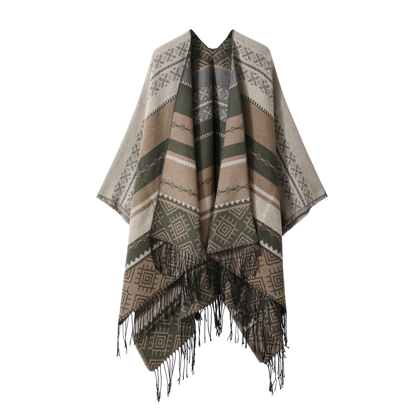 Poncho Bohemian Geometric Tassel Split Shawl Cape Travel Scarf Double-sided Cloak Imitation Cashmere Women Coat Red