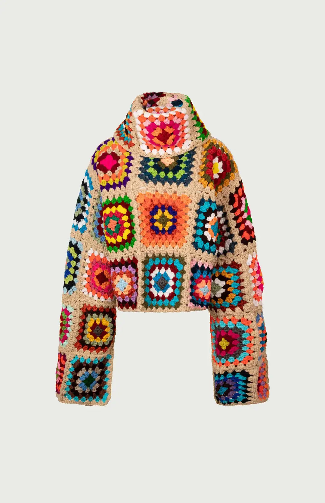 Colorful Crochet Sweaters Granny Square Turtleneck Cute Cardigan Boho Afghan Stitching Coat Color Patchwork Clothing For Lady