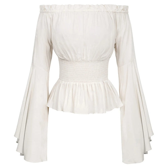 Women's Bohemian Shirt Top Gothic Ruffle Edge Shirt One Line Collar Blouse Long Sleeved Ladies Solid Blouse Boho Top